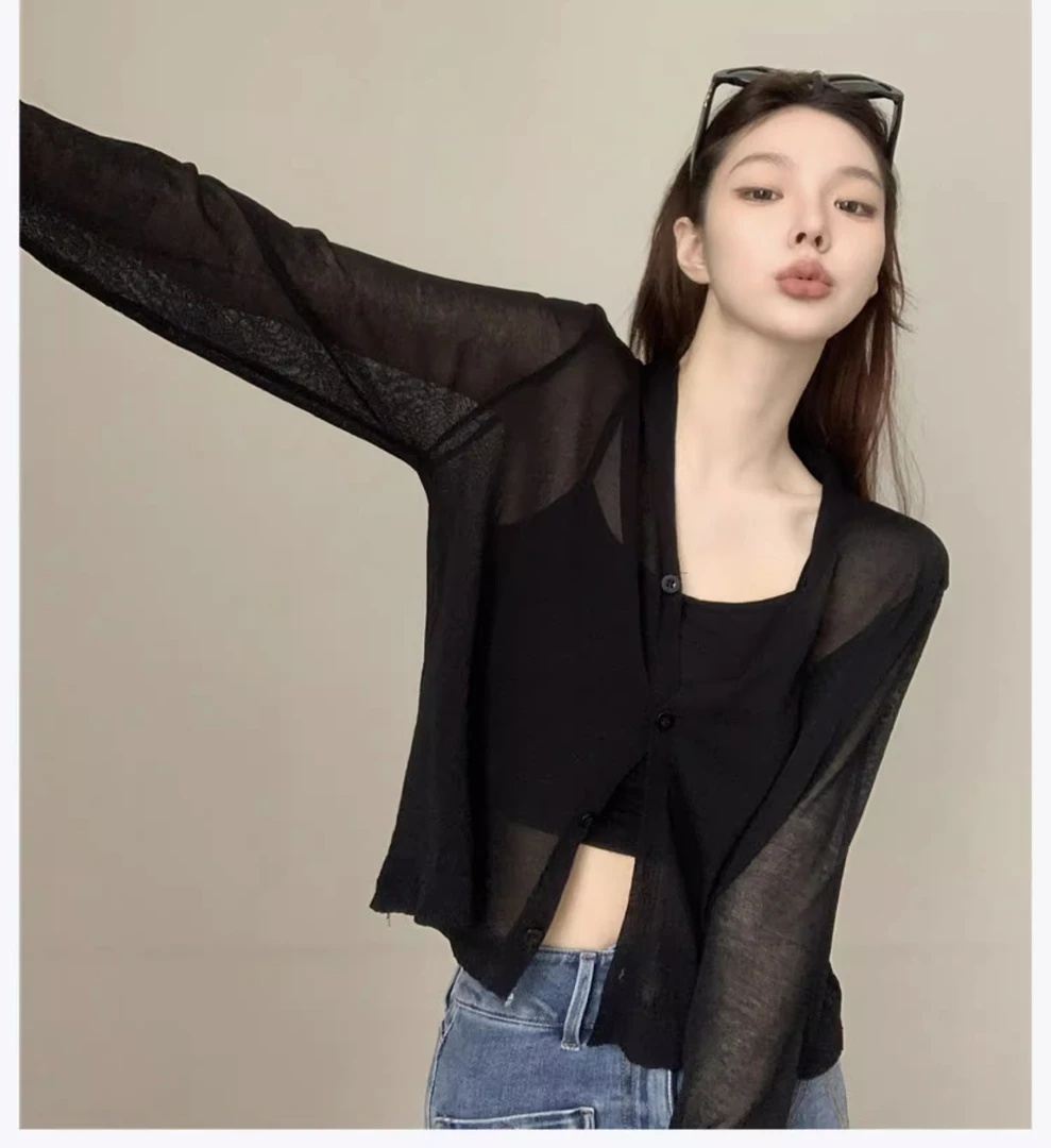 薄款防晒衣冰丝透视针织开衫外套女吊带外搭罩衫夏季宽松长袖上衣