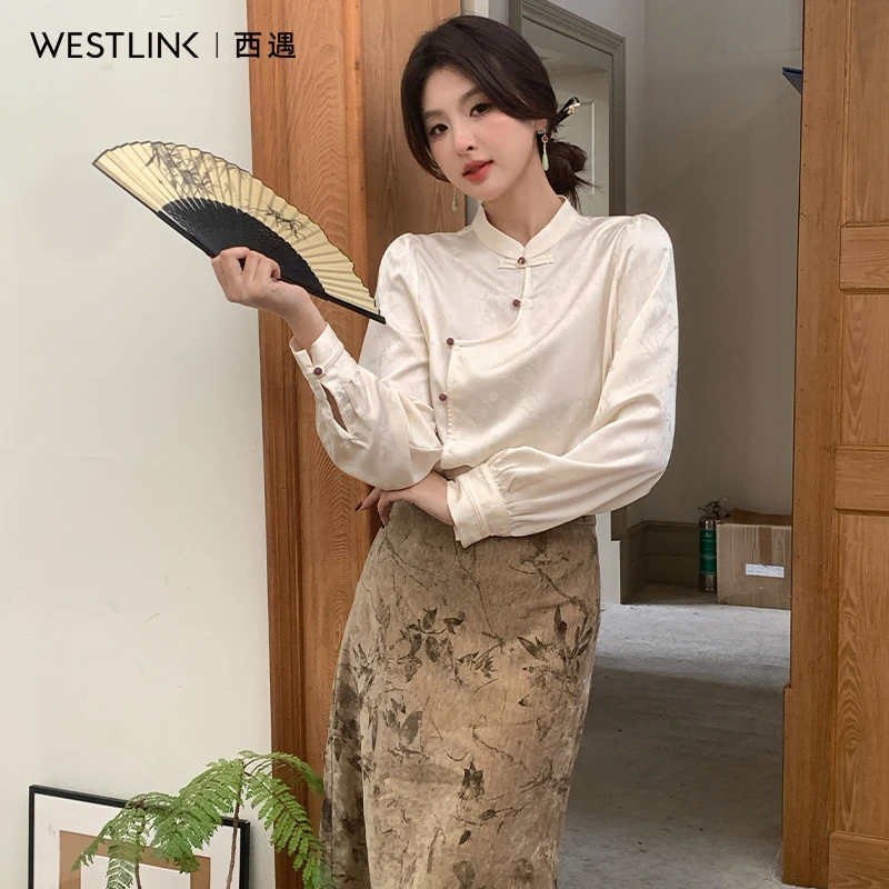 西遇新中式立领长袖衬衫2024春季新款国风斜门襟吊珠盘扣内搭上衣