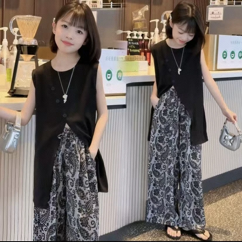 女童慵懒风2025夏款百搭显瘦假日无袖背心高腰设计感提花阔腿裤潮