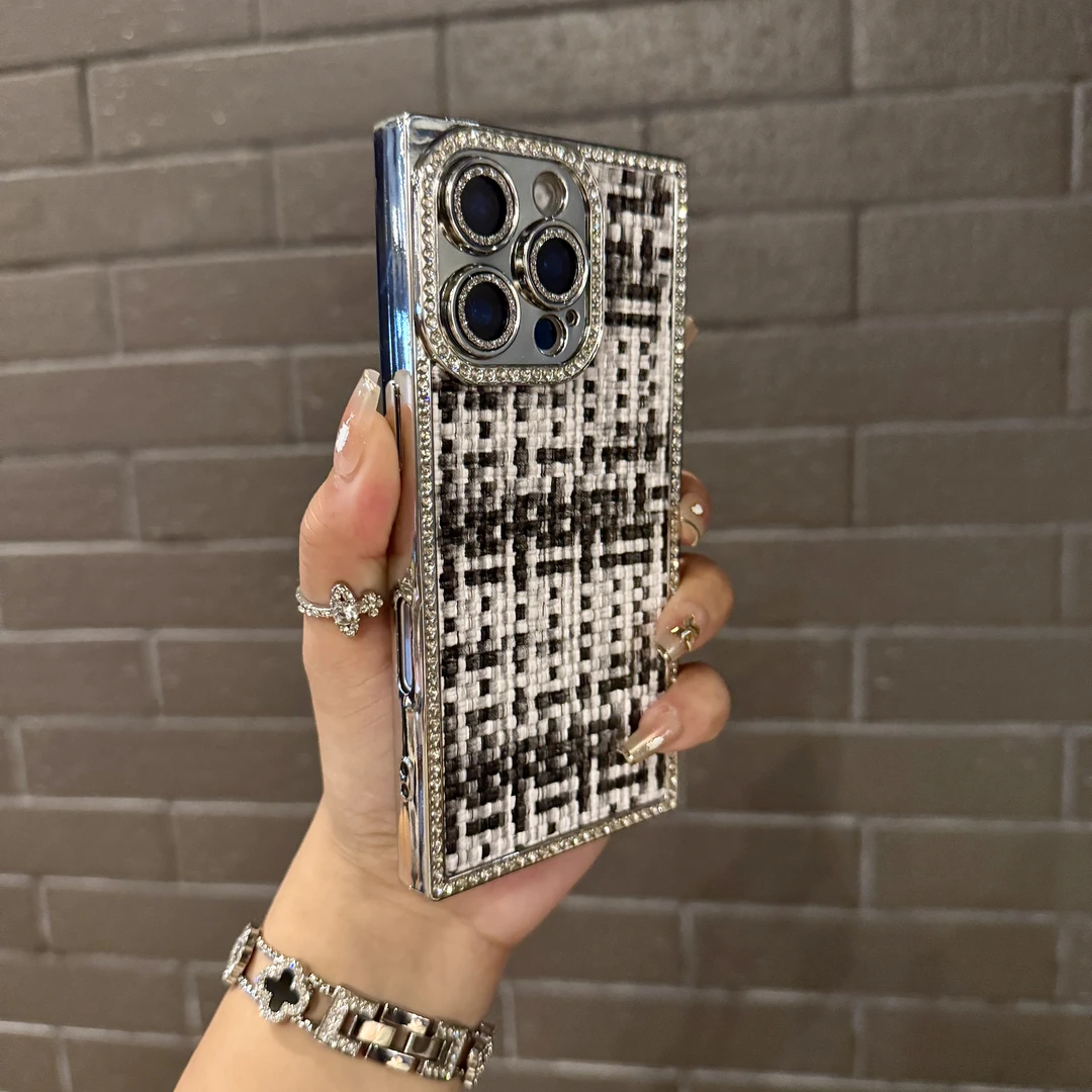 适用高颜值轻奢编织纹小香风防滑iphone16promax手机套时尚15高级