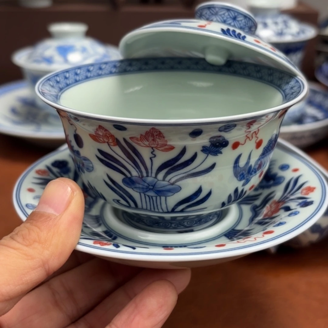 摆件陶不合缝三才鱼藻纹盖碗