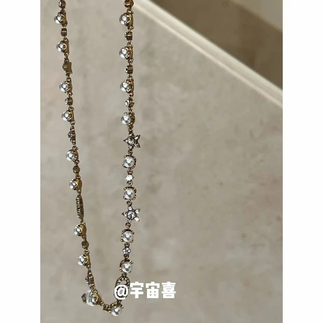 黄铜锆石项链 J3-060【黑金配色五角星白锆贝珠cd串珠项链】