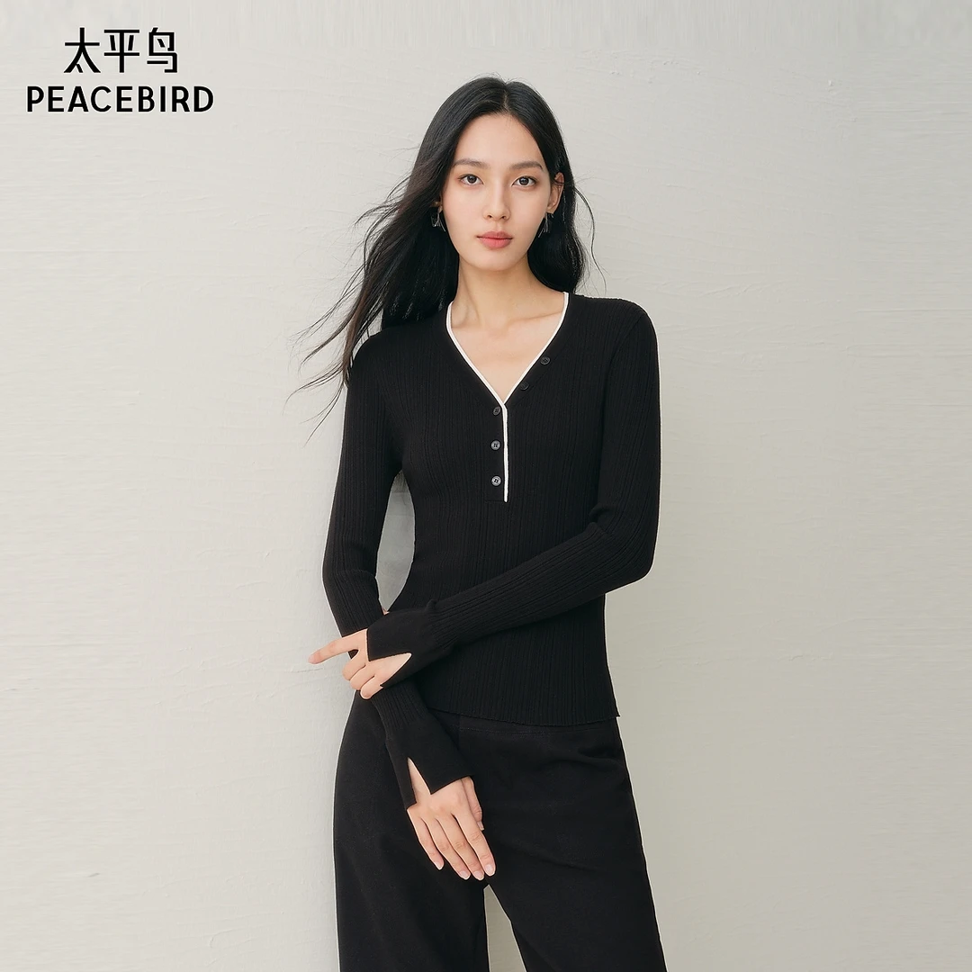 太平鸟V领打底针织衫25冬新款撞色修身套头气质毛衫上衣AAEEF411C
