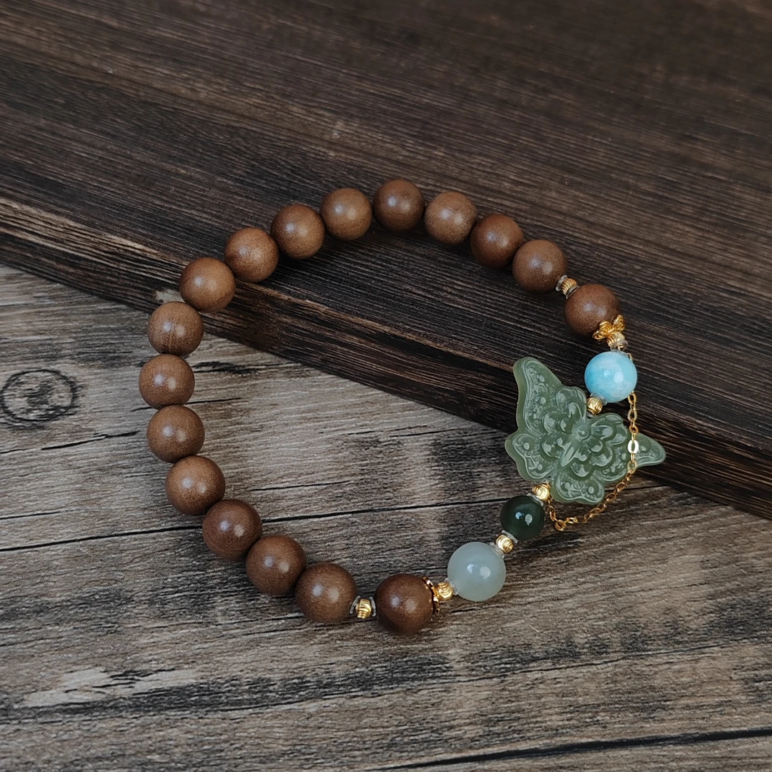 【蝶梦令】印度迈索尔正区老山檀和田玉蝴蝶单圈手串