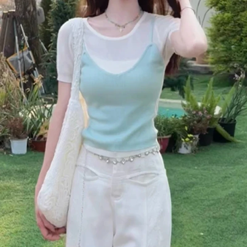 欧若风气质穿搭假两件短袖上衣女2025夏新款独特漂亮修身显瘦T恤