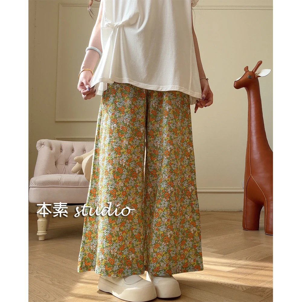 碎花裤Y2928印花泡泡纹松紧腰系带阔腿裤