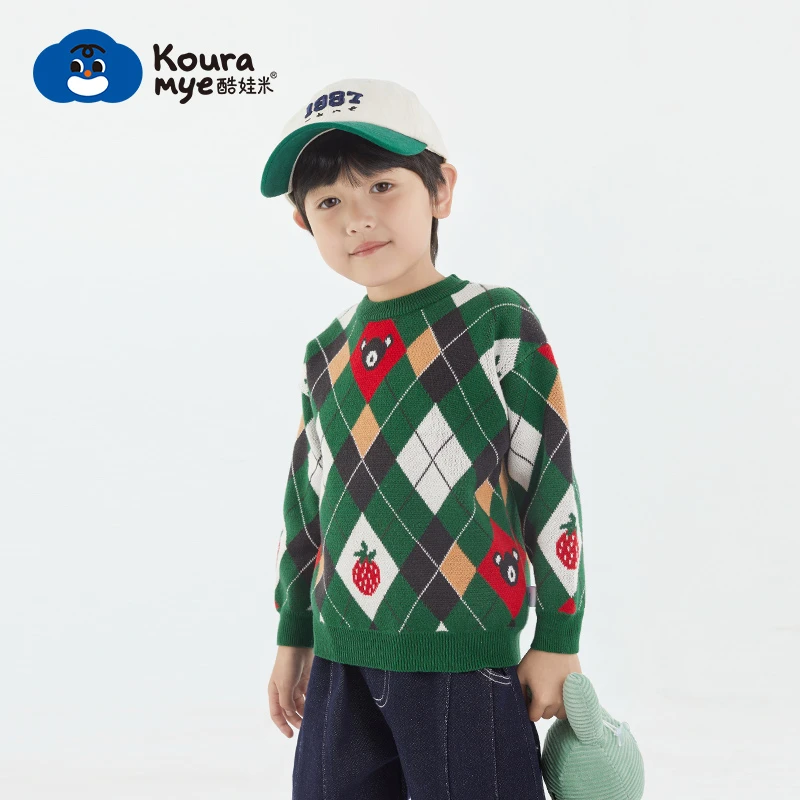 酷娃米秋款大上新中小男女童时尚卡通小熊菱格儿童套头毛衣44425