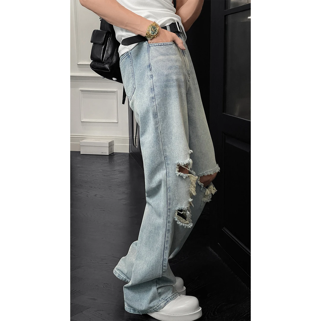 龙叨叨夏季新品美式高街水洗破洞牛仔裤男潮流百搭直筒微喇长裤