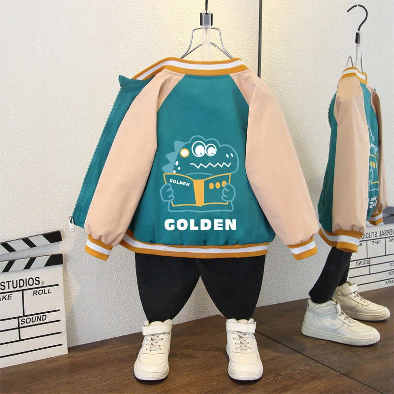 男童秋装新款韩版棒球服长袖外套女童秋季时尚撞色卡通印花夹克服