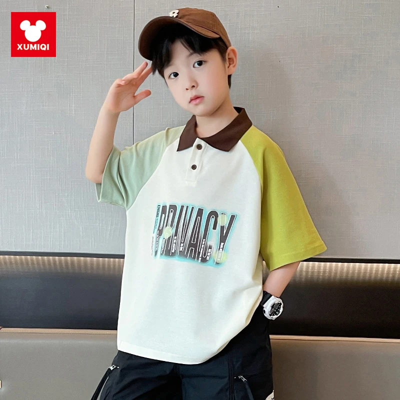 男童夏季短袖polo衫儿童T恤印花上衣中大童撞色男孩夏款帅气休闲t