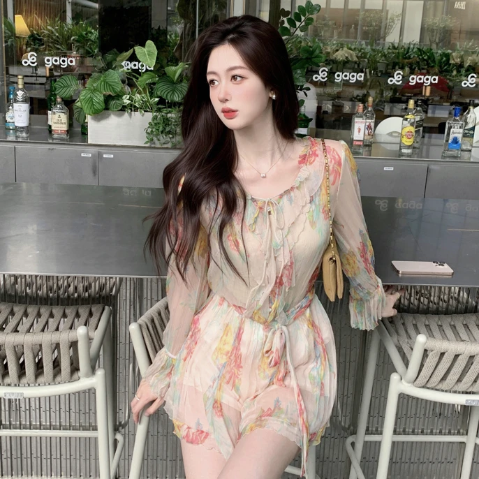 法式碎花拼接收腰长袖夏季洋气时尚气质显瘦花色连体裤LX188