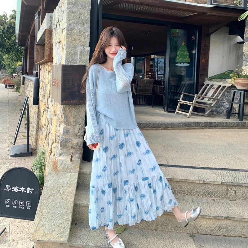 镂空针织罩衫半身裙2025秋季新款氛围感气质法式温柔系穿搭套装裙