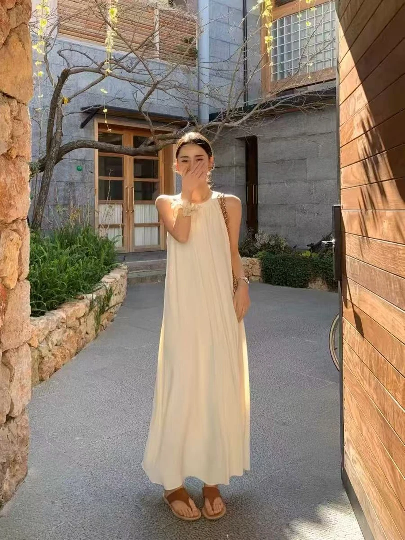 【烨烨】裙长141高个子加长挂脖宽松系带大摆法式无袖露肩度假长裙