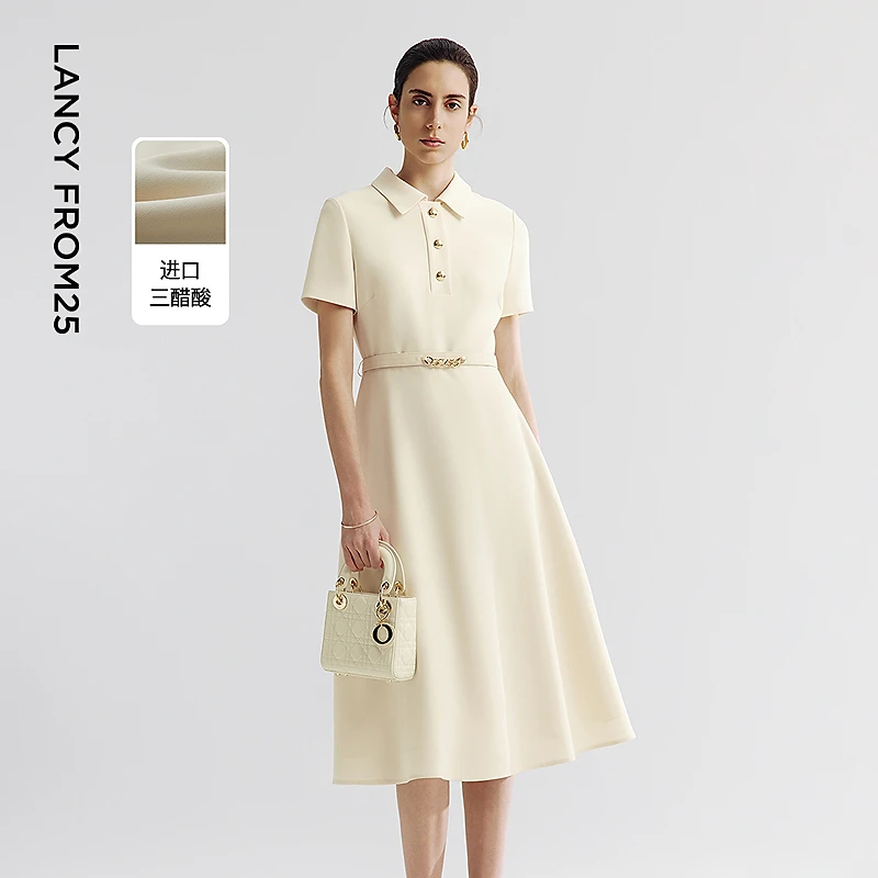 朗姿三醋酸白色裙子高知气质高级感2025年夏新款独特polo领连衣裙