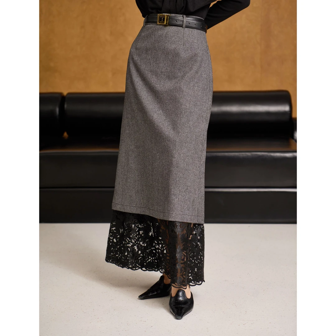 【行径】25春高级感双层蕾丝拼接西装裙假两件H裙半身裙