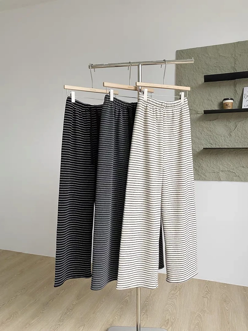 细条纹毛巾加绒休闲裤女2025冬季新款高腰拖地窄版阔腿裤直筒长裤