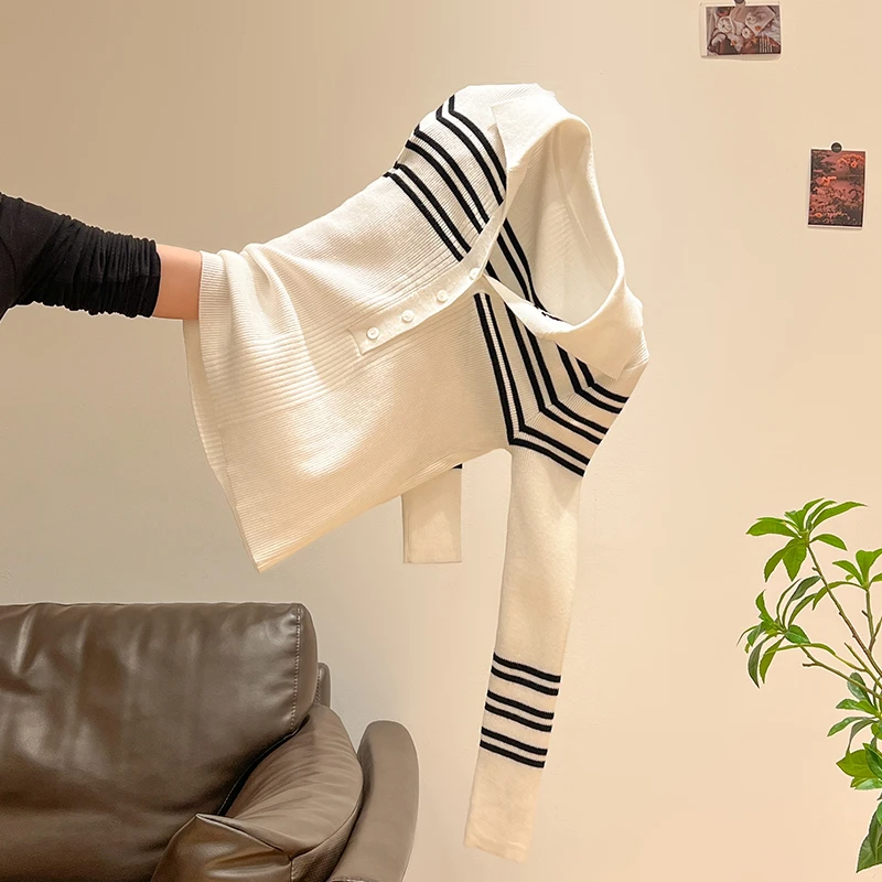 学院风白色polo领条纹针织打底衫女秋季纯欲辣妹时尚气质内搭上衣