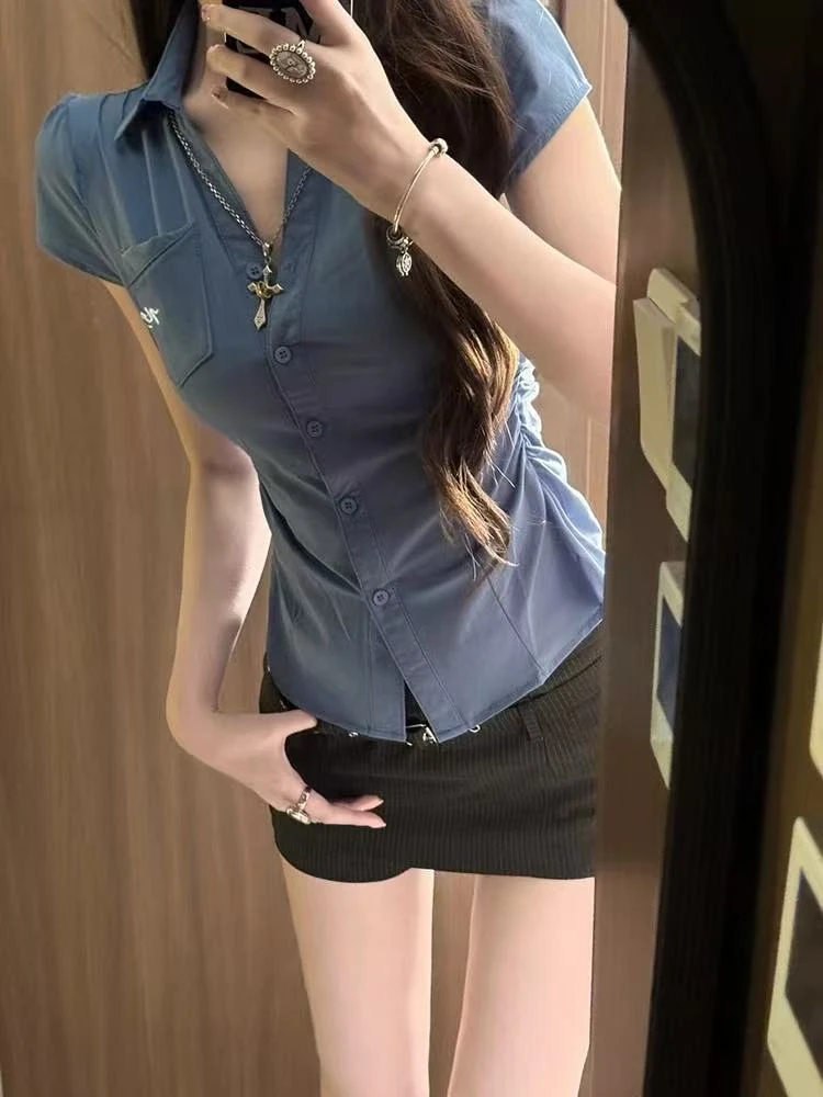 【美式学姐】掐腰设计!!夏季衬衫显瘦掐腰辣妹修身显瘦刺绣短袖衬衫
