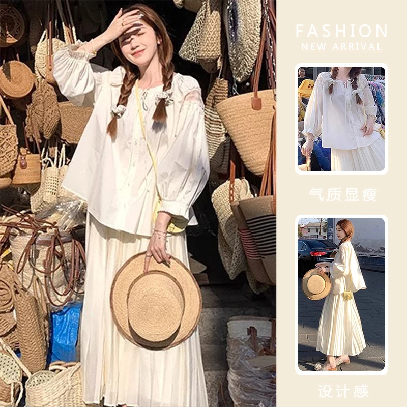 孕妇装2025小清新套装小个子甜美风娃娃衫休闲百褶半身裙两件套女