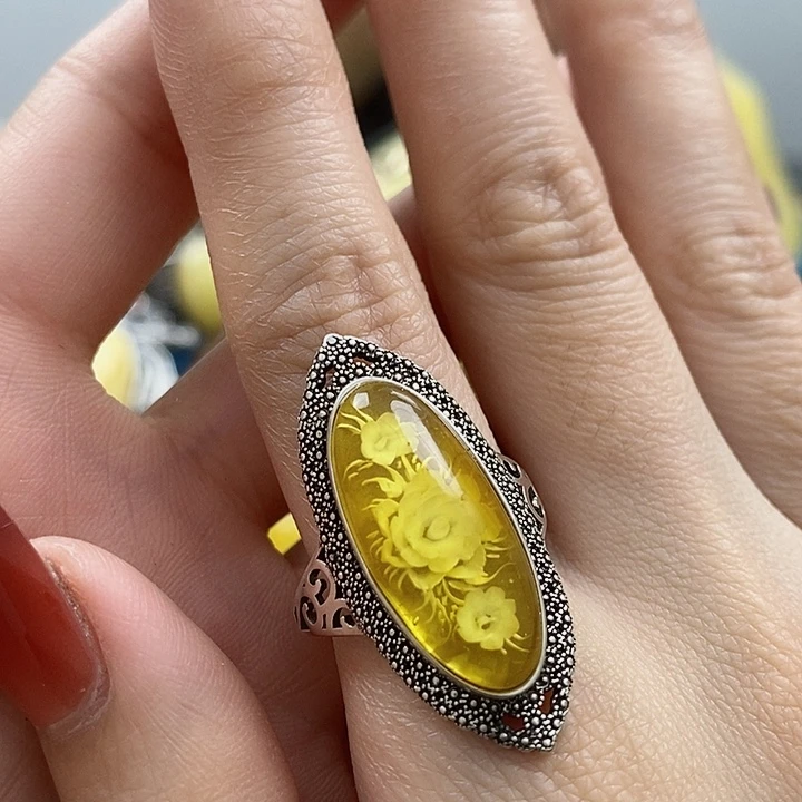 琥珀戒指银S925镶嵌戒指