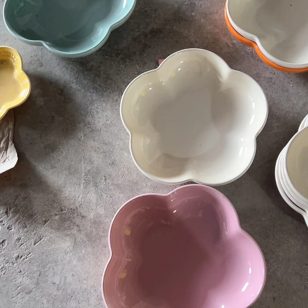 陶瓷 大梅花深盘 奶白 马卡龙粉