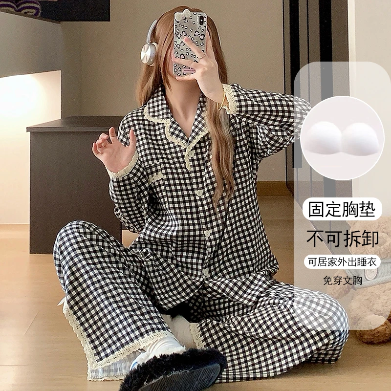 睡衣女秋季2025新款开衫带胸垫时尚直播爆款甜美双长睡衣家居服