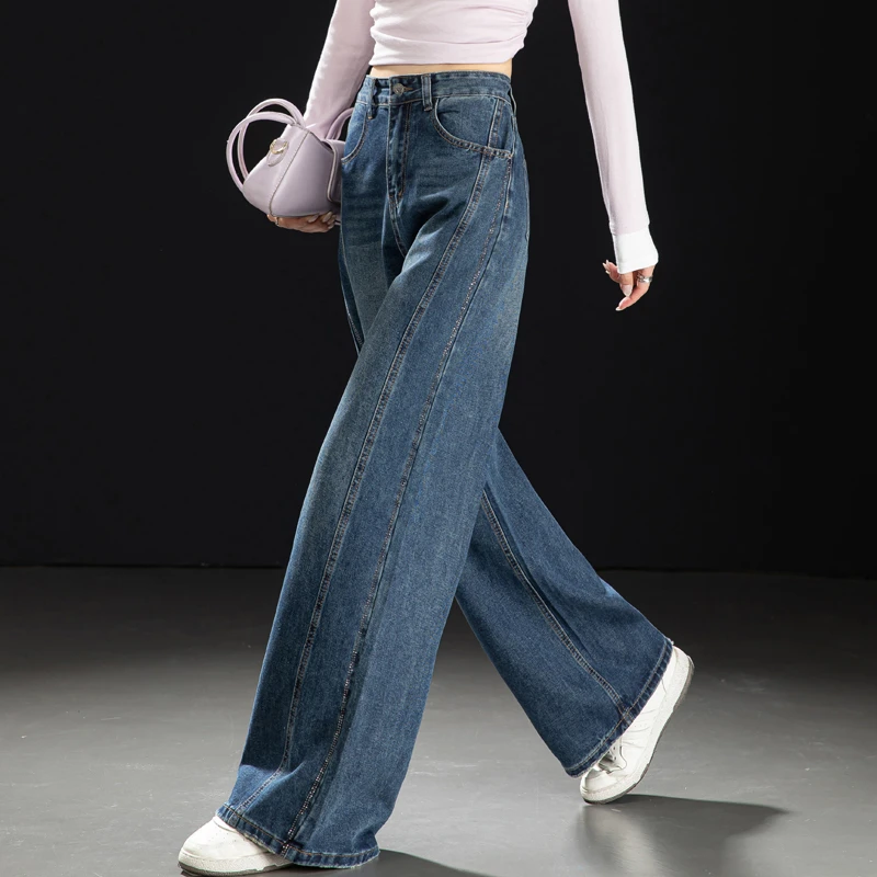 复古牛仔裤女款爆款2025新款秋季侧边烫钻直筒裤女高腰阔腿裤长裤