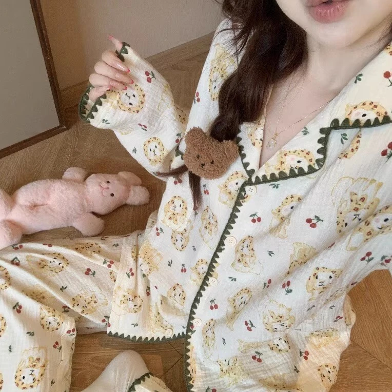 卡通兔子可爱春秋棉纱睡衣女秋款2025新款棉纱布料家居服两件套