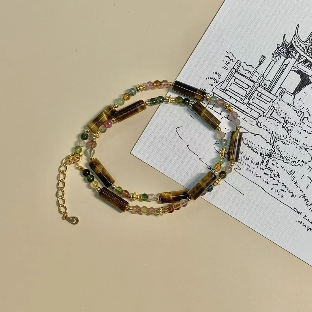 【简汐】碧玺虎睛石双圈手串可调节