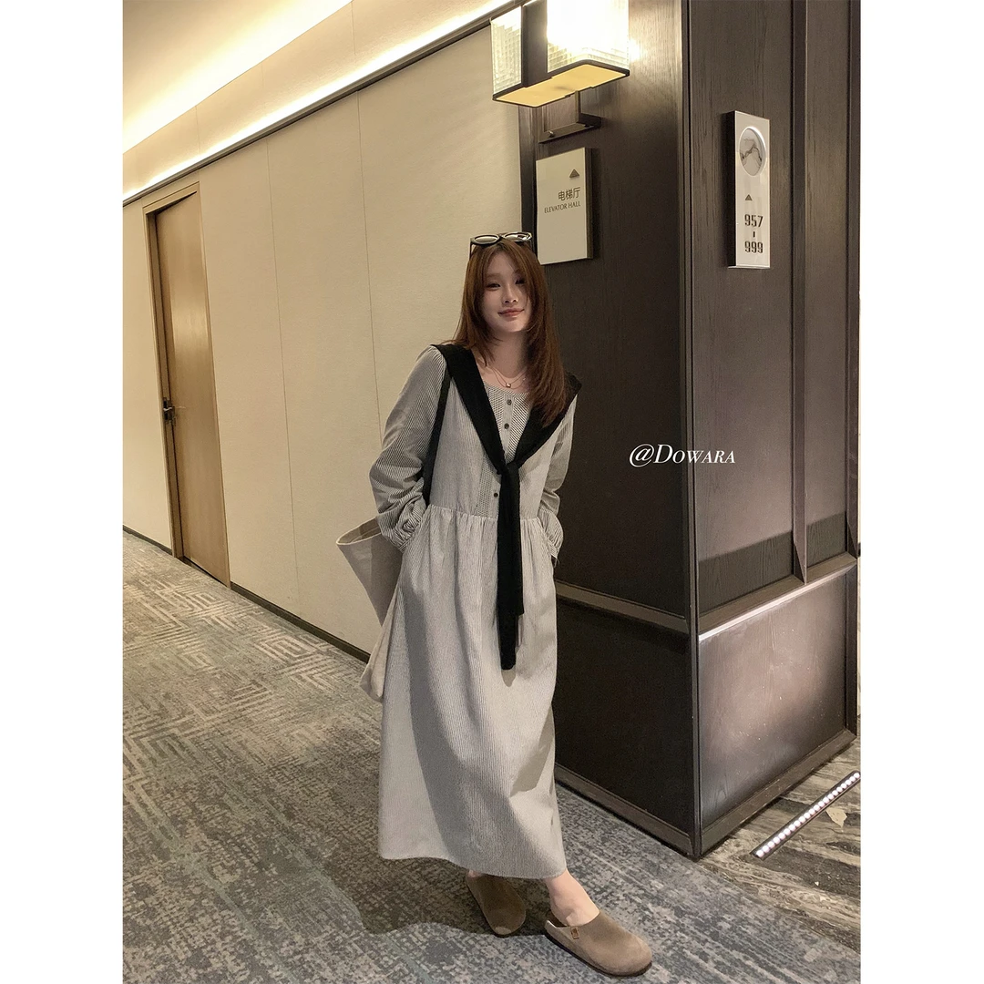 现货大婉酱微胖定制韩系条纹设计感简约连衣裙秋季洋气裙子9771D