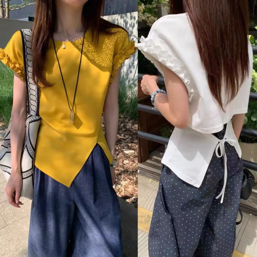 港味小心机后背镂空系带短袖t恤女2025夏爆款木耳边开叉上衣