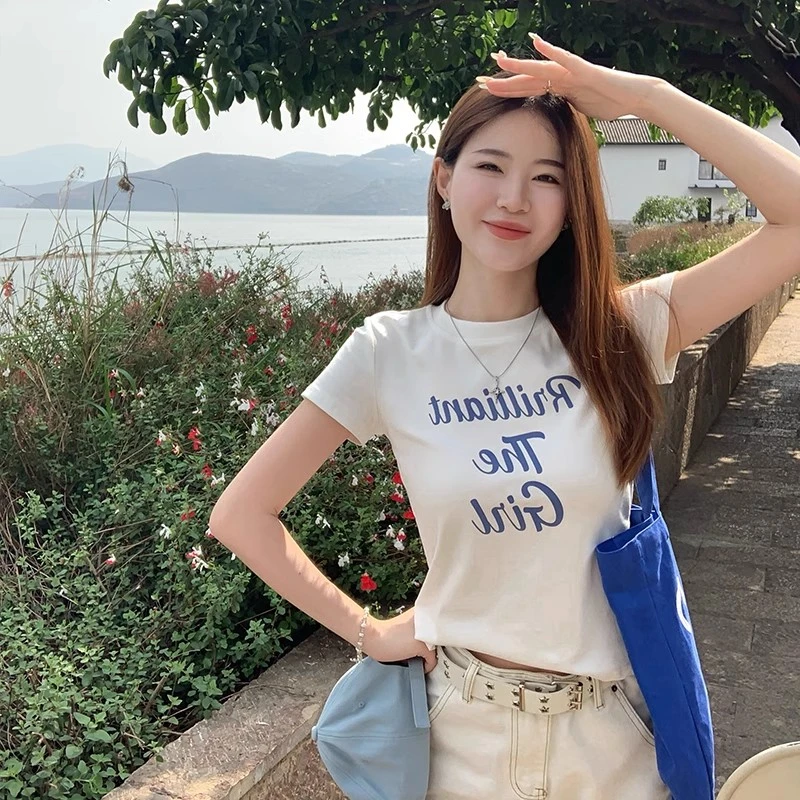 白色字母印花短袖t恤女夏季2025年新款独特漂亮小衫修身正肩上衣