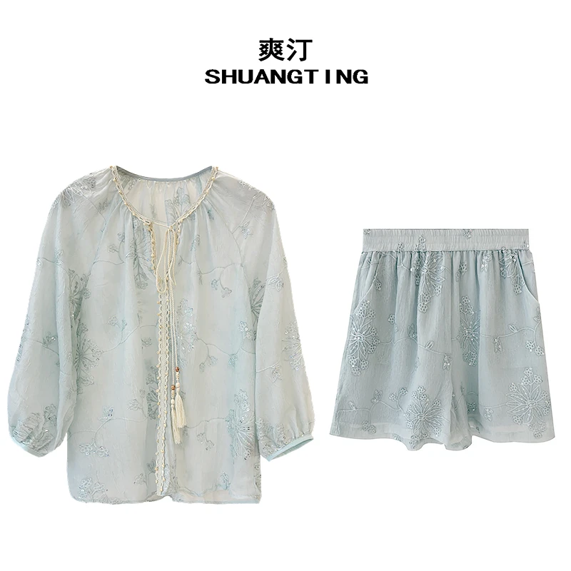 Jokara/丘可儿【玲珑月】国风设计感衬衣短裤套装绣花薄款宽松夏