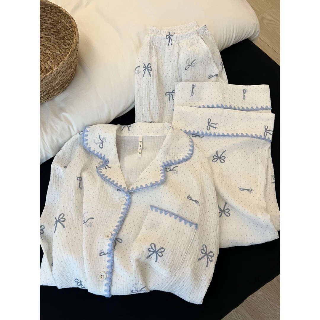 韩版小清新棉纱初秋新款蝴蝶结波点印花睡衣简约减龄宽松显瘦套装