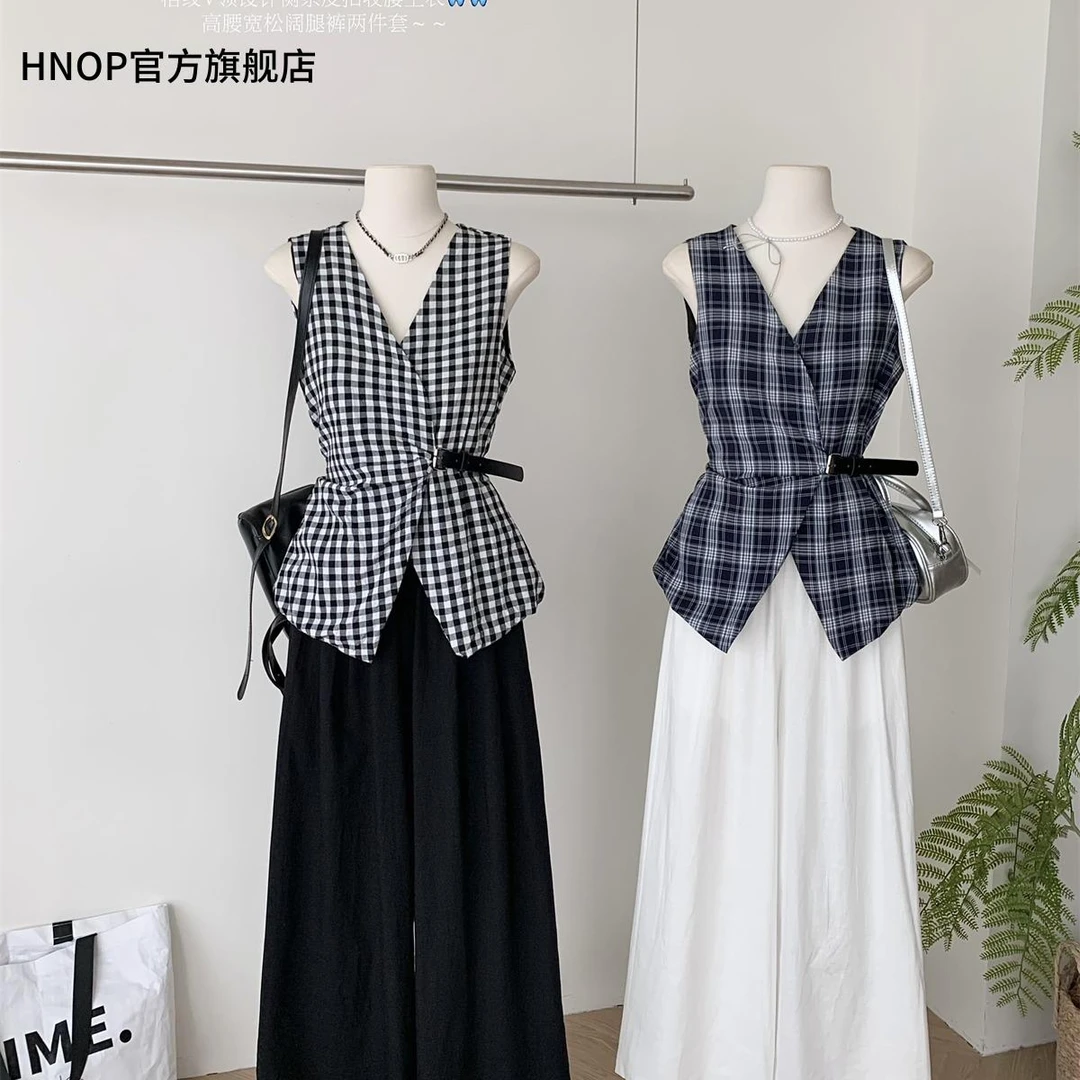 法式高级感无袖格子背心马甲上衣系带收腰显瘦休闲阔腿裤两件套女
