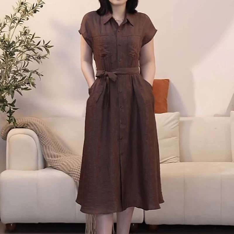 简约纯色单排多扣设计感衬衫连衣裙女2025夏季独特别致高级感裙子