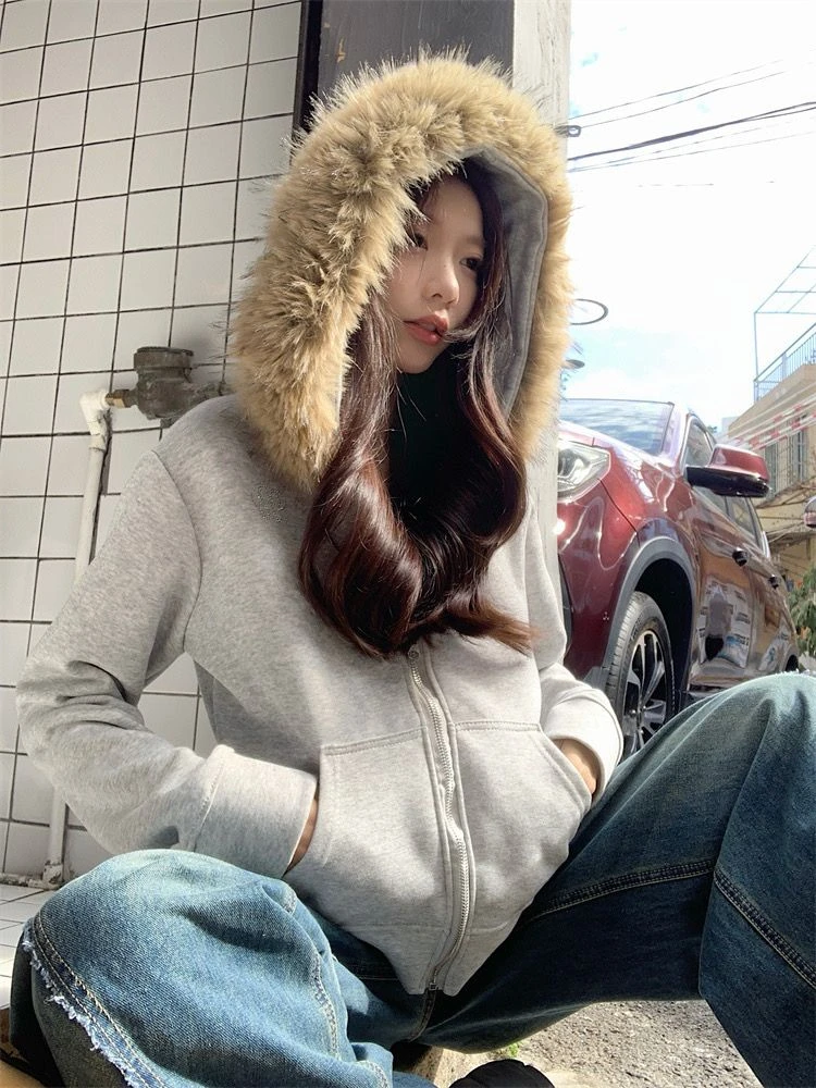 美式灰色毛领连帽卫衣外套女装秋冬加绒加厚修身拉链开衫短款上衣