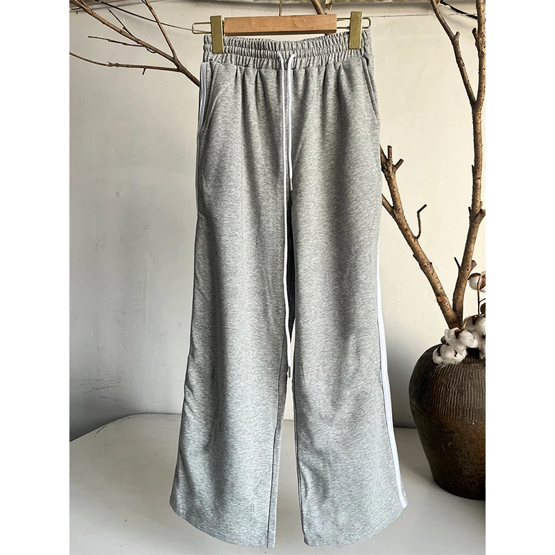 1495直筒两条白杠休闲阔腿运动裤腰部抽绳高腰休闲裤女百度显瘦