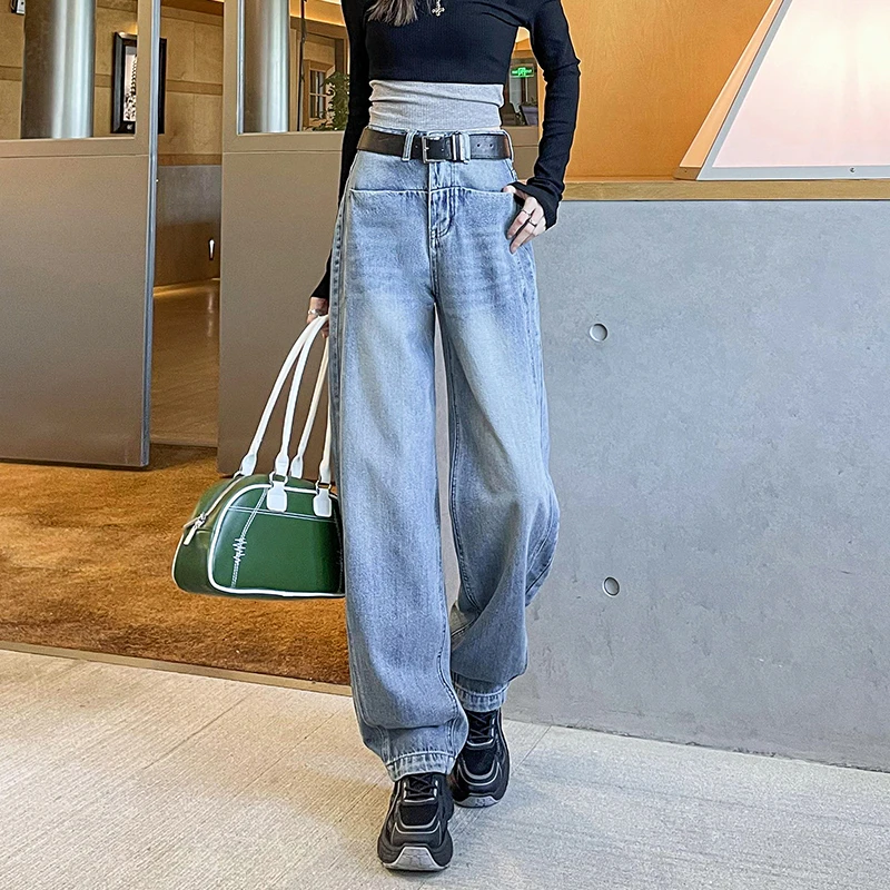 窄版直筒阔腿牛仔裤女春秋季2025新款显瘦浅蓝高腰宽松香蕉镰刀裤