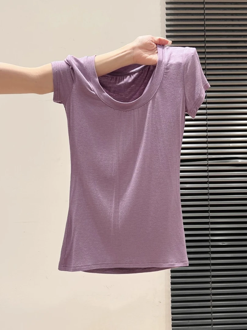 超好看香芋紫色大U领修身短T恤女生显瘦夏新款独特漂亮高级感上衣