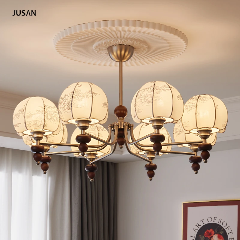 法式复古客厅吊灯中古南洋风布艺客厅主灯侘寂风胡桃木餐厅卧室灯