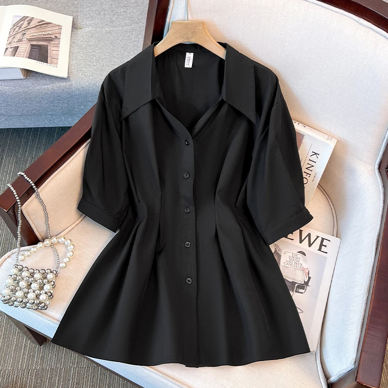 大码女装短袖收腰胖mm显瘦衬衫V领遮肚短袖衬衫女夏季女款上衣