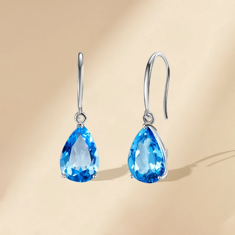 ECI【蓝色幻想】托帕石耳钩18k金镶嵌蓝色宝石耳饰水滴形经典送女友