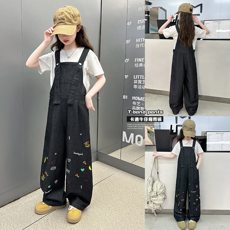 女童牛仔背带裤2025新款中大儿童连体裤女孩夏季卡通刺绣直筒裤子