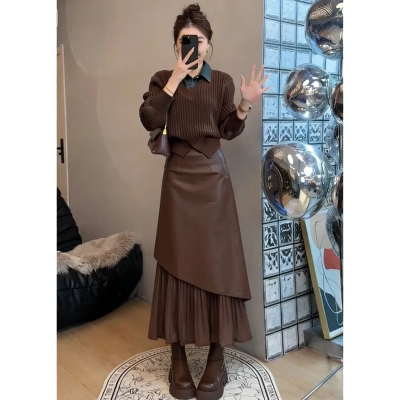 美拉德穿搭套装女爆款2025新款高级感假两件上衣别致半身裙两件套