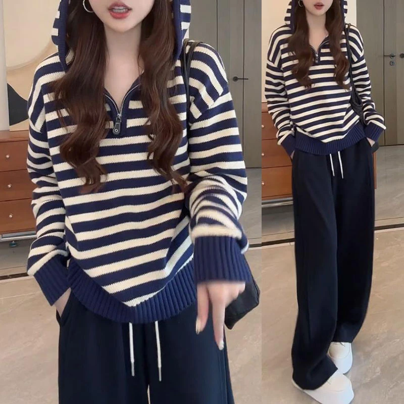 宽松休闲条纹半拉链连帽针织衫女士2025春秋新款时尚阔腿裤两件套