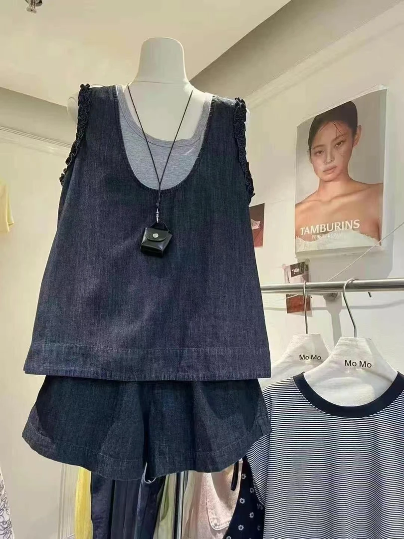 MAMIE【牛仔日记】韩版拼色U领假两件无袖背心牛仔短裤套装 配挂包