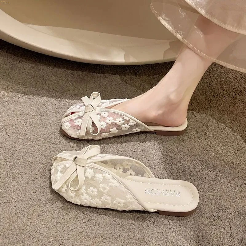 包头凉拖鞋女夏百搭蝴蝶结网纱蕾丝刺绣软底时尚仙女半拖鞋小香风