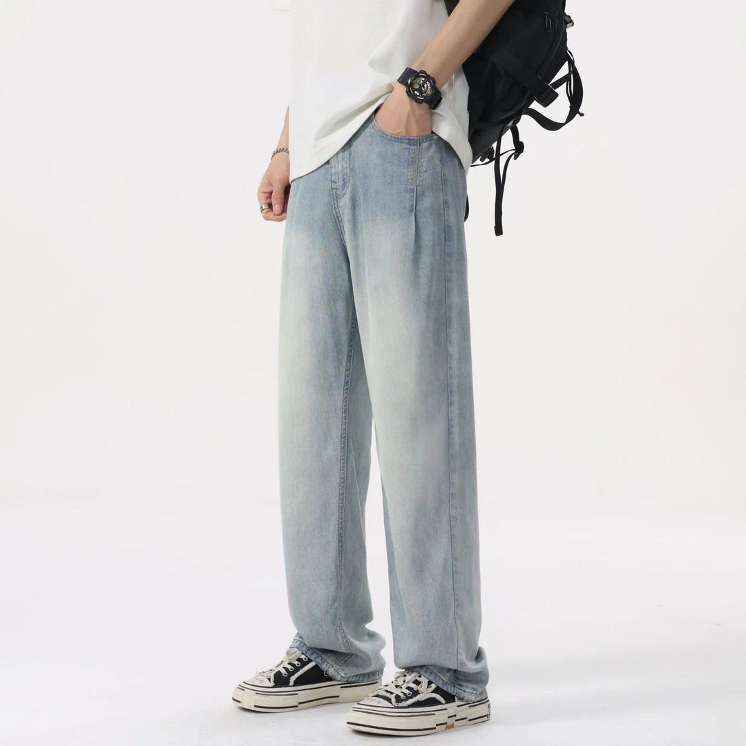 天丝牛仔裤男士春夏季薄款弹力宽松直筒百搭垂感复古阔腿长裤子男