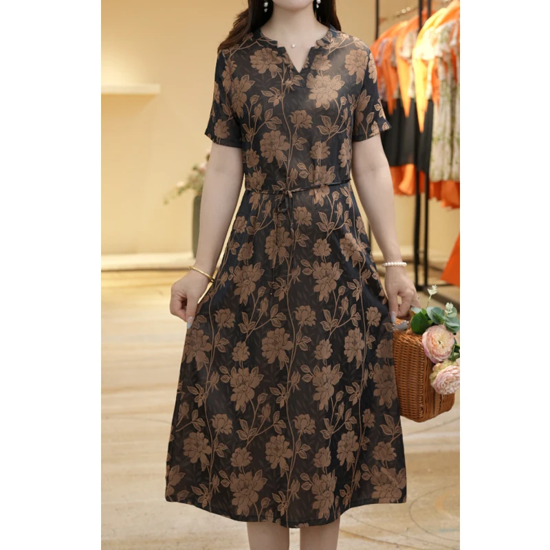 M1827女时尚短袖连衣裙气质夏季休闲百搭中长款裙